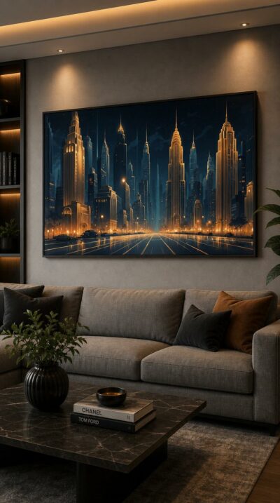 A dreamlike avenue glides between towering skyscrapers glowing amber against an inky sky, their reflections trailing across a mirror-wet boulevard.