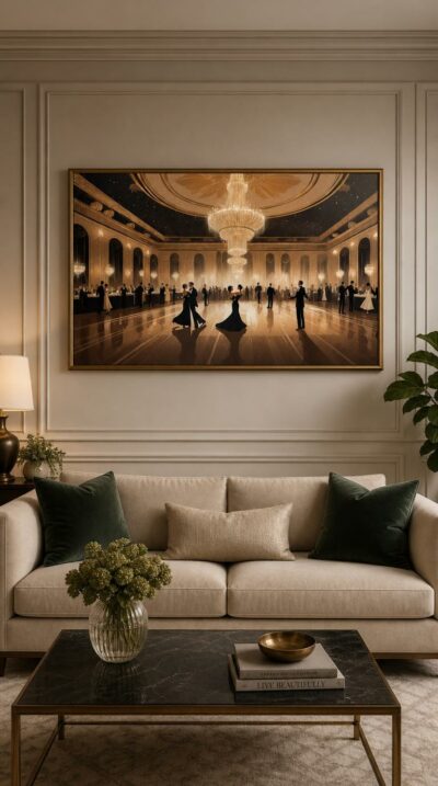 Couples glide across a gilded ballroom beneath a cascading chandelier, silhouetted in black against warm golden light and a star-flecked ceiling.