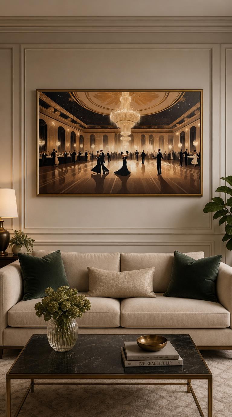 Couples glide across a gilded ballroom beneath a cascading chandelier, silhouetted in black against warm golden light and a star-flecked ceiling.