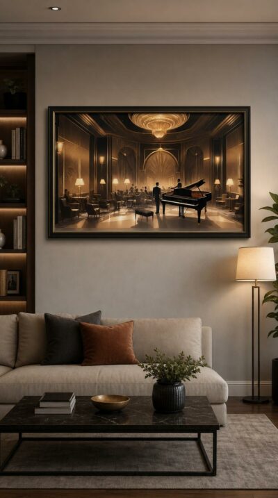 In a softly lit Art Deco lounge, a singer leans toward the grand piano as the pianist plays for an enraptured crowd bathed in amber light.