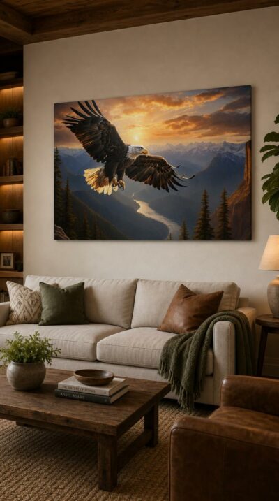 A bald eagle banks across a golden mountain sky, wings fully outstretched above a river valley as the sun sinks behind distant snow-capped peaks.