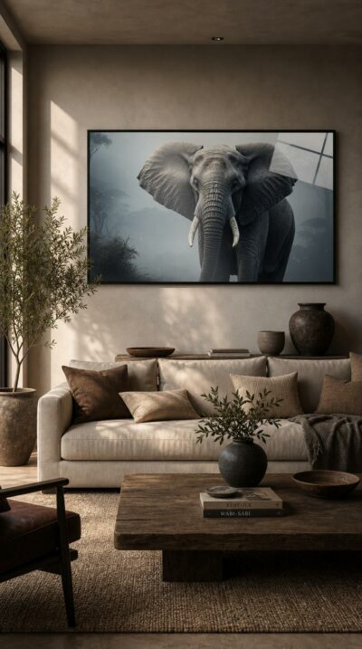 A great elephant emerges from the silver haze of an African savanna, ears spread wide, tusks pale against the fog.