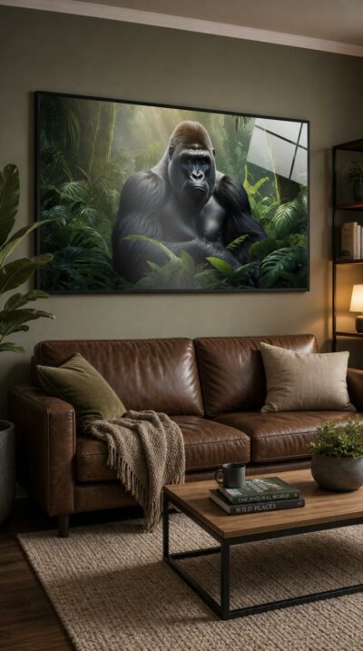 A silverback gorilla sits among broad rainforest leaves, gazing out with quiet power as soft light filters through the canopy.