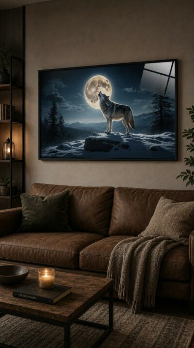 A lone wolf stands on a snowy ridge, head raised in a long howl against a vast, glowing full moon.