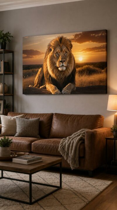 A male lion gazes straight ahead at sunset, his mane catching the last warm light over an open savanna.