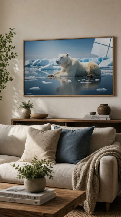 A polar bear rests on a thin sheet of Arctic ice, mirrored in still meltwater beneath a pale blue sky and distant glacial walls.