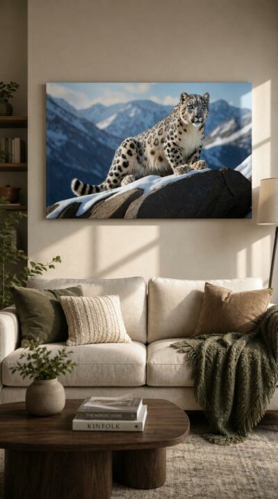 A snow leopard rests on a snow-dusted boulder, blue eyes steady, as silver peaks rise softly behind it.