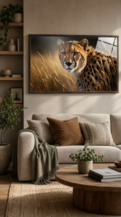 A cheetah moves through golden grass at eye level, amber gaze locked forward, every spot and whisker held in crisp morning light.