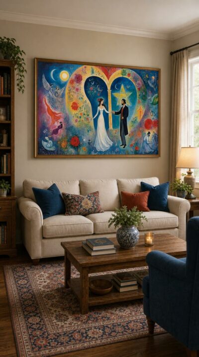 A bride in white and a dark-suited groom clasp hands inside a vast heart, framed by roses, doves and a luminous Star of David.