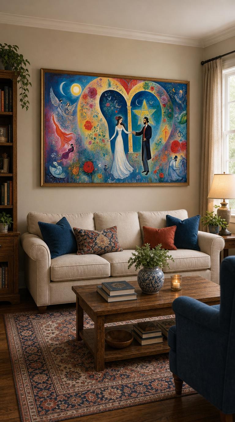 A bride in white and a dark-suited groom clasp hands inside a vast heart, framed by roses, doves and a luminous Star of David.