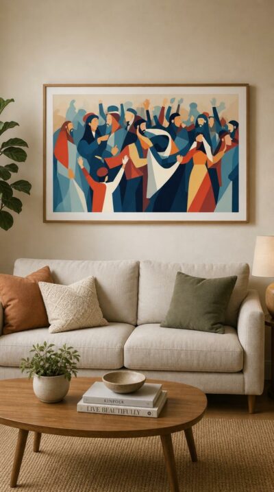 A crowd of figures in cloaks and head coverings presses together in flat, faceted color, hands raised, voices and gestures rising in a single chorus of belonging.