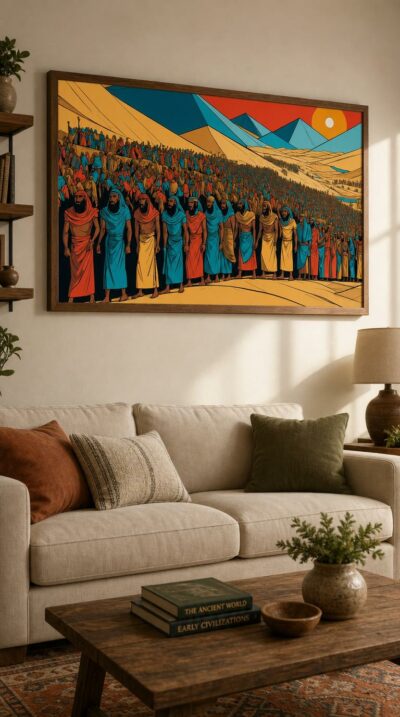 A vast multitude in crimson, blue and gold robes streams across golden dunes beneath angular mountains and a burning sun.