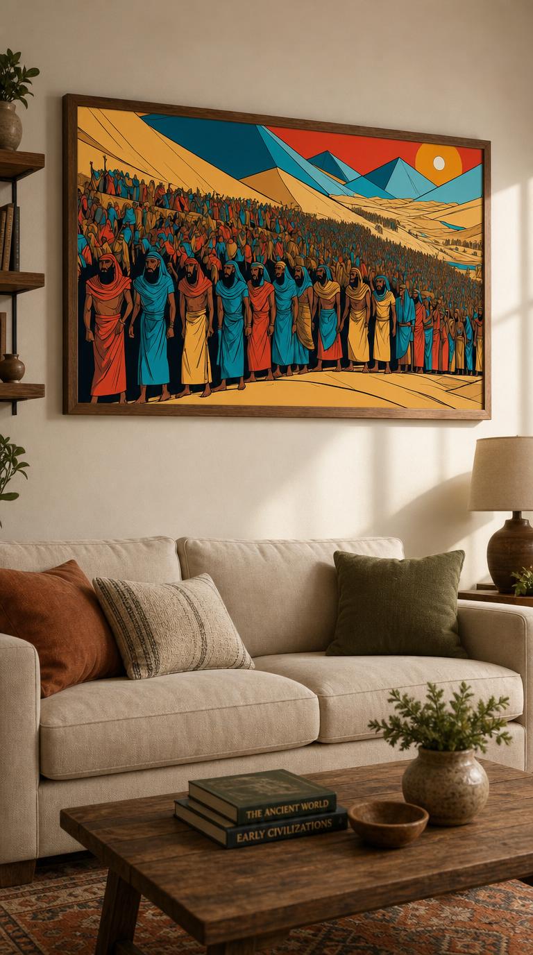 A vast multitude in crimson, blue and gold robes streams across golden dunes beneath angular mountains and a burning sun.