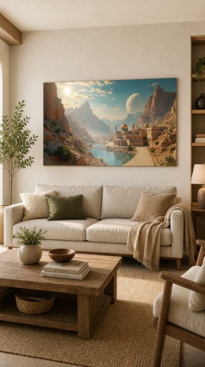 A surreal desert valley where golden domes and a silver river gather beneath a vast moon, weaving sacred memory into a luminous mountain landscape.