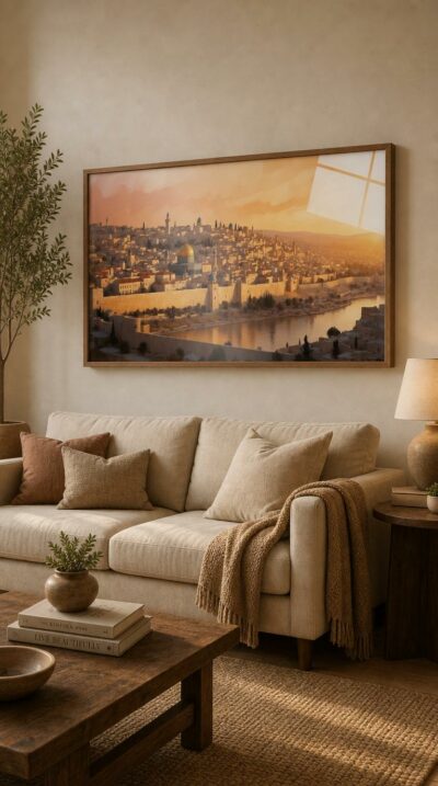 Jerusalem's Old City glows at sunset, its golden dome and pale stone walls melting into a warm horizon mirrored in still water below.