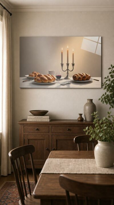 A quiet Sabbath table set with braided challah, a glass of red wine, and three lit candles glowing against a warm, bare wall.
