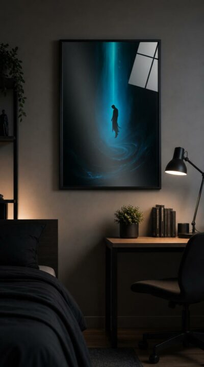 A solitary figure sinks through glowing cyan depths, cloth trailing into ink-like currents beneath a single shaft of cold light.