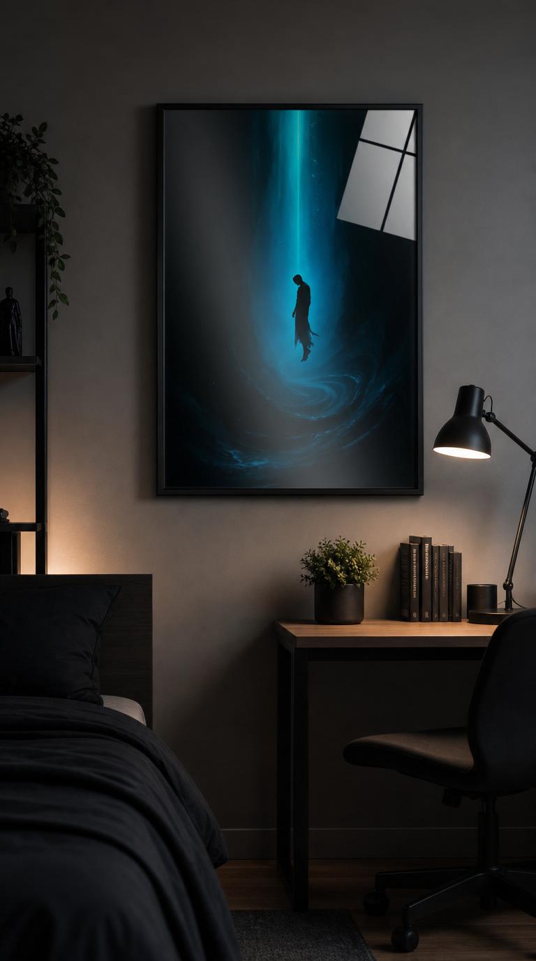 A solitary figure sinks through glowing cyan depths, cloth trailing into ink-like currents beneath a single shaft of cold light.