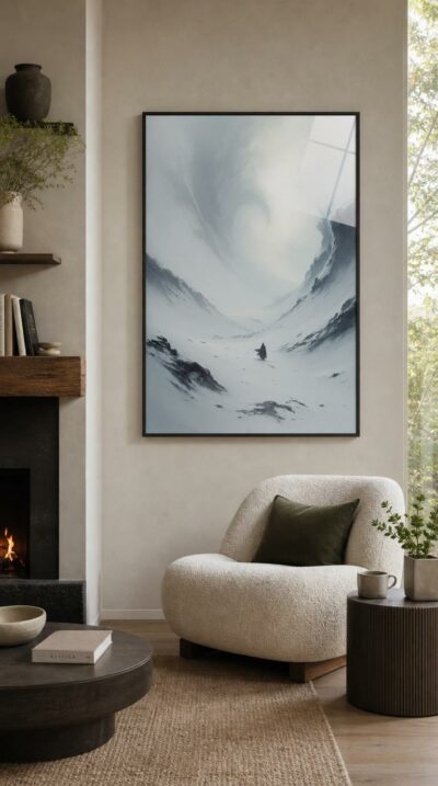A lone dark figure stands at the heart of a vast white valley, dwarfed by a sky that curls into a silent, swirling storm.