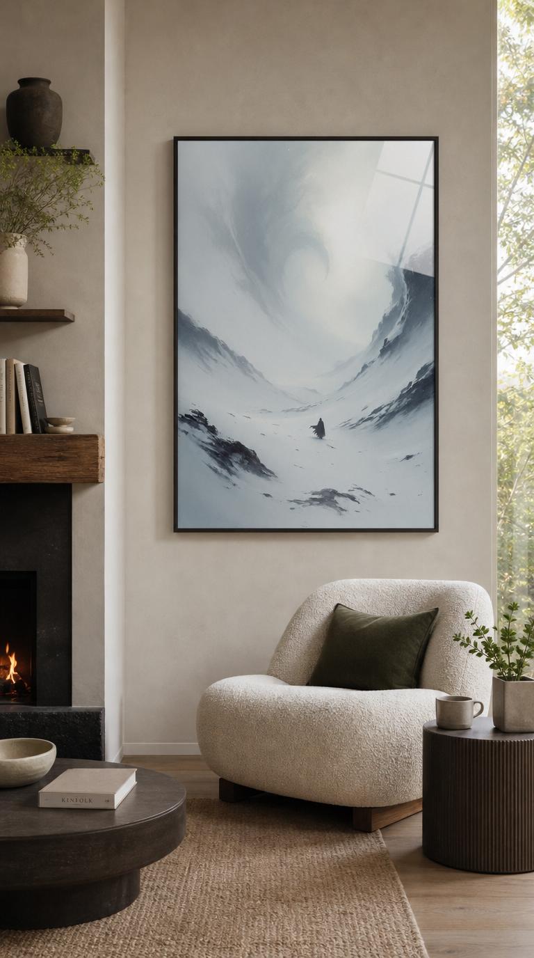 A lone dark figure stands at the heart of a vast white valley, dwarfed by a sky that curls into a silent, swirling storm.