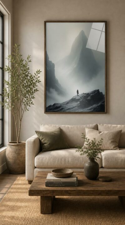 A lone figure pauses on a windblown ridge while a vast grey peak rises into mist, dwarfed by stone and drifting silence.