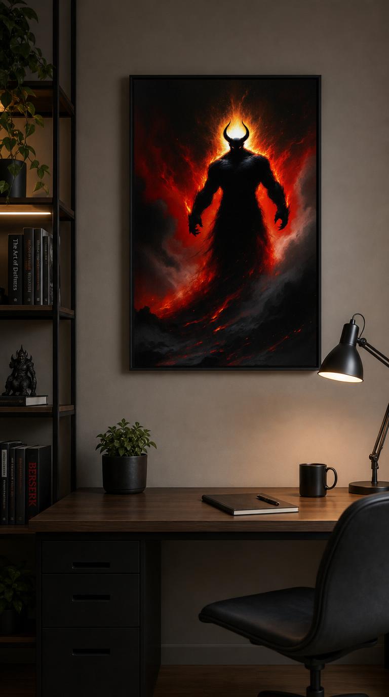 A horned giant rises from a spiralling firestorm, its head crowned by a ring of white-hot light against fathomless black.