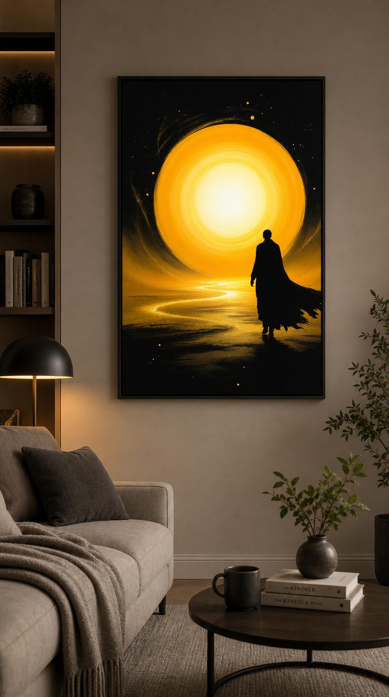 A lone figure walks toward a vast golden sun, dark against the light, drawn along a luminous path through deep black space.