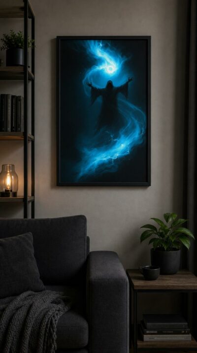 A hooded figure lifts its arms as a spiralling river of glowing cyan smoke coils overhead, the instant before a spell breaks loose.
