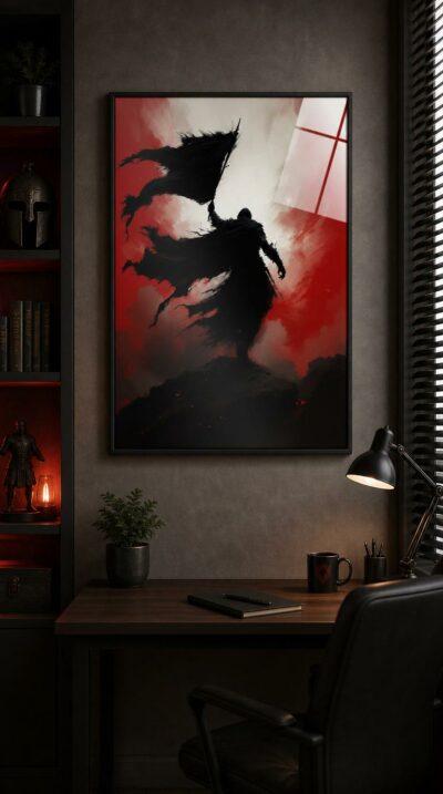 A hooded warrior strides forward bearing a tattered black banner, cloak and smoke unfurling into one violent curve against a blaze of crimson and white light.