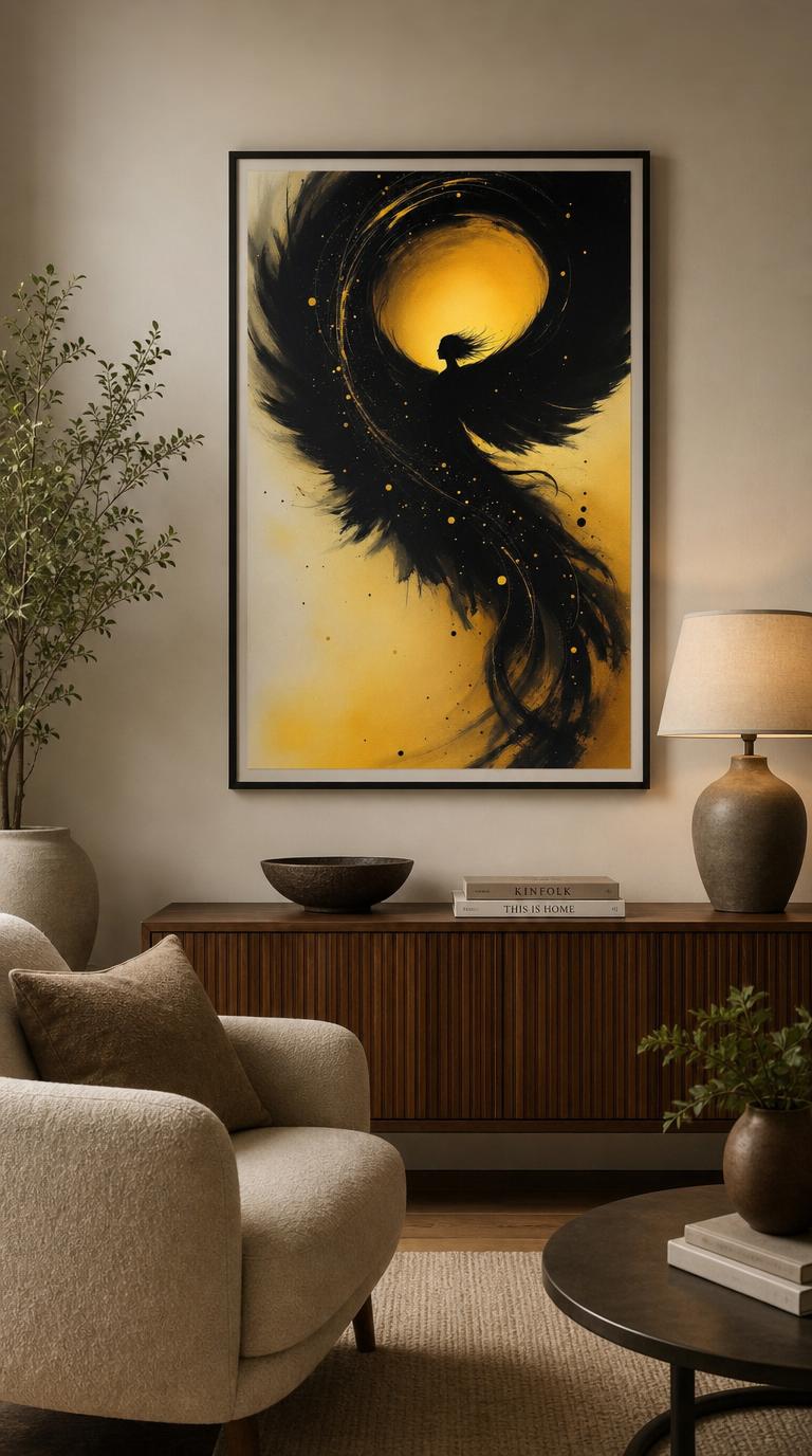 A silhouetted figure rises against a golden glow, dark wings unfurling in sweeping ink strokes scattered with flecks of gold.