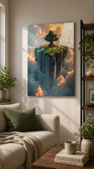 A blocky island floats above a golden sea of clouds, its lone tree reigning over fields and waterfalls that spill endlessly into the bright void.