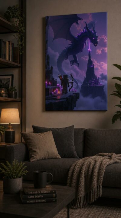 A lone, blocky archer stands on a floating island, bow drawn, facing the colossal Ender Dragon as it circles obsidian towers beneath swirling violet skies.
