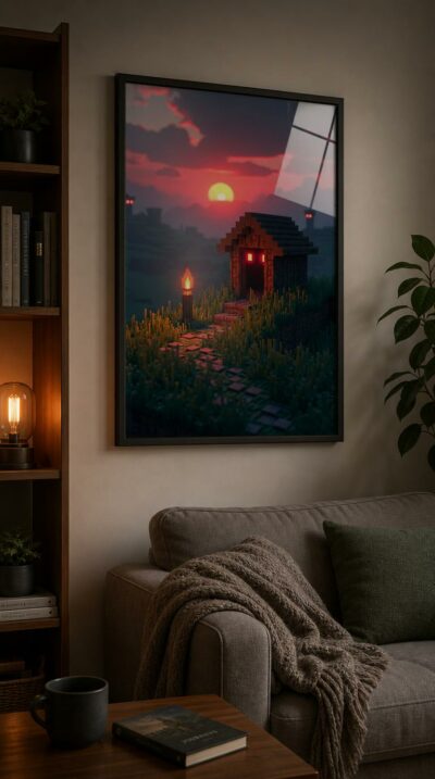 A lone voxel cabin glows beneath a blazing pixel sunset, its torch holding back a darkness where red eyes wait.