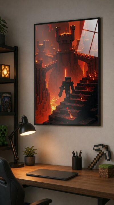A diamond-clad hero steps down a torch-lit stair into a fiery underworld, towering fortresses and rivers of lava glowing all around.