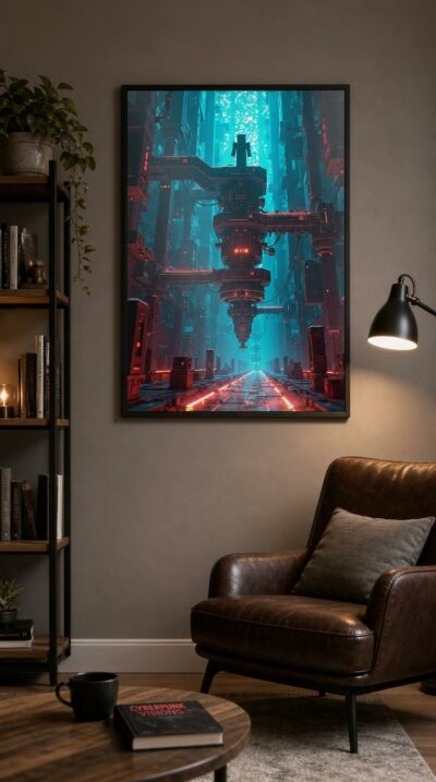 A lone builder in enchanted armor stands atop a colossal, glowing machine suspended in a deep teal void, where red circuits pulse like a living heart.