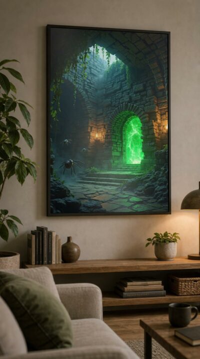 Deep in a vine-draped ruin, a green End Portal crackles within ancient stonework as silverfish drift through the torchlit gloom.