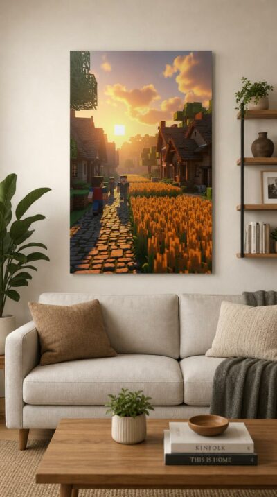 A blocky village stirs at sunrise, golden light spilling across cobblestone lanes and wheat fields as villagers step out to greet a brand-new day.