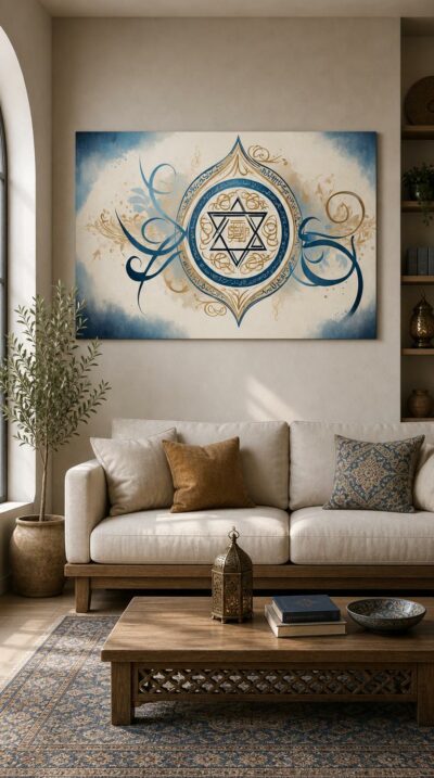 A Star of David crowned with flowing Hebrew letters, set in blue and gold against soft washes of cloud-light parchment.