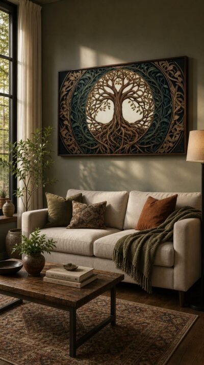 An intricate tree of life sprawls within a luminous circle, its roots and branches woven into an ornate Art Nouveau medallion of leaves and vines.