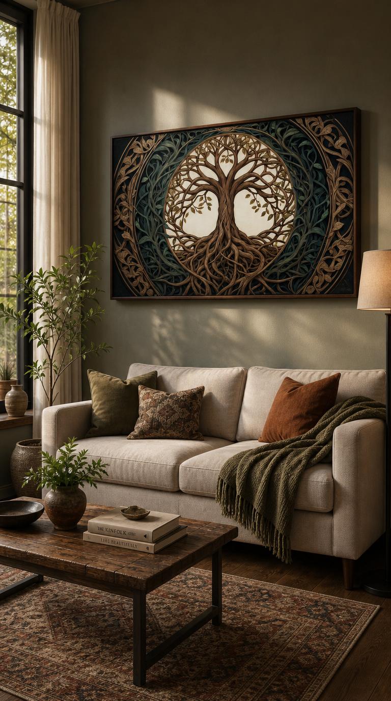 An intricate tree of life sprawls within a luminous circle, its roots and branches woven into an ornate Art Nouveau medallion of leaves and vines.
