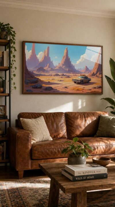 A lone car crosses a sunbaked desert plain, dwarfed by towering red rock spires beneath a vast turquoise sky.