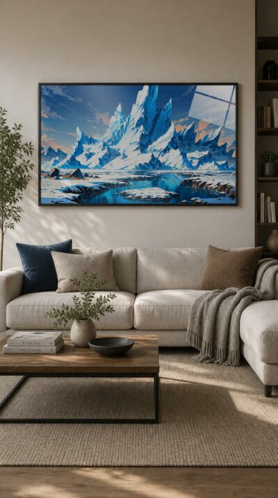 Jagged glaciers rise like blue cathedrals over a silent frozen plain, where meltwater pools mirror an immense northern sky.