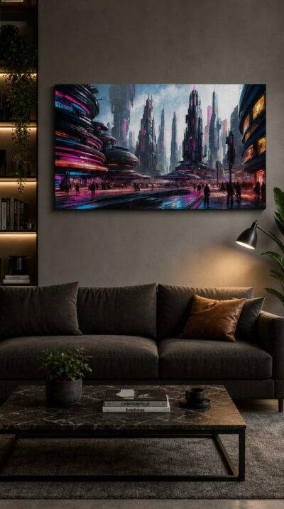 A neon-drenched megacity rises in painterly haze, its towers blazing magenta and cyan above crowds drifting through rain-bright streets.