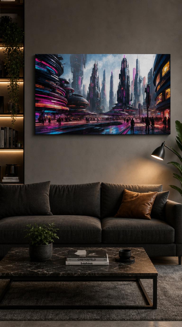 A neon-drenched megacity rises in painterly haze, its towers blazing magenta and cyan above crowds drifting through rain-bright streets.