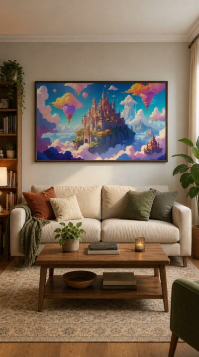 A radiant castle crowns a floating peak among golden clouds, where painted balloons drift past spires beneath a luminous turquoise sky.