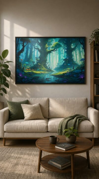 An ancient luminous forest where towering mossy trees, glowing mushrooms and a mirror-still stream cradle tiny figures in a world brimming with quiet magic.