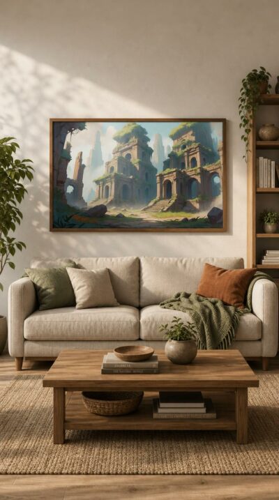 Towering temple ruins veiled in mist and creeping green, an ancient metropolis surrendered to time and silence beneath a pale sky.