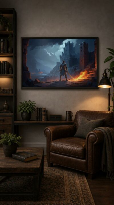 A lone armored warrior stands sword in hand before a storm-darkened fortress, firelight flickering across battered stone walls.