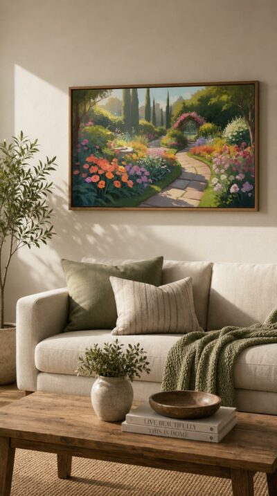 A sunlit garden in full bloom, its winding stone path drawing the eye past beds of poppies and roses toward a flowering archway and quiet gate.