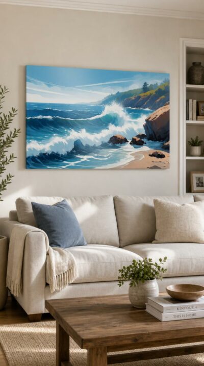 Waves break and tumble into white spray along a rugged shoreline, while pine-crowned cliffs lean into a vast, sun-bright sea under an open sky.